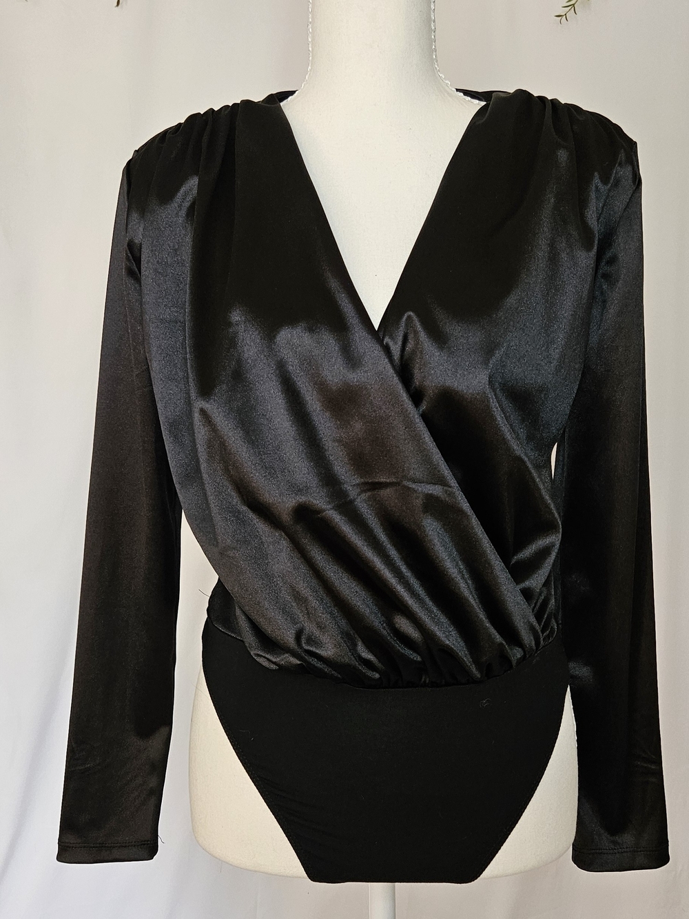 Black Satin Wrap Bodysuit Long Sleeve Ruched Shoulder Size SM
